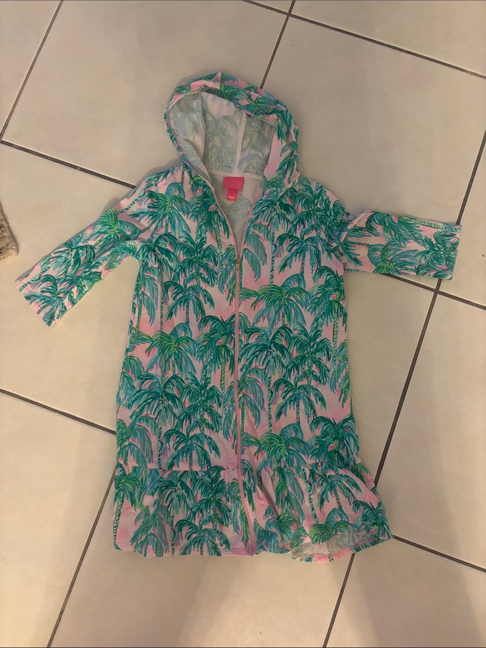 Lilly Pulitzer Girls Pink and Green Palm Tree Hooded Swim Coverup Size 12-14